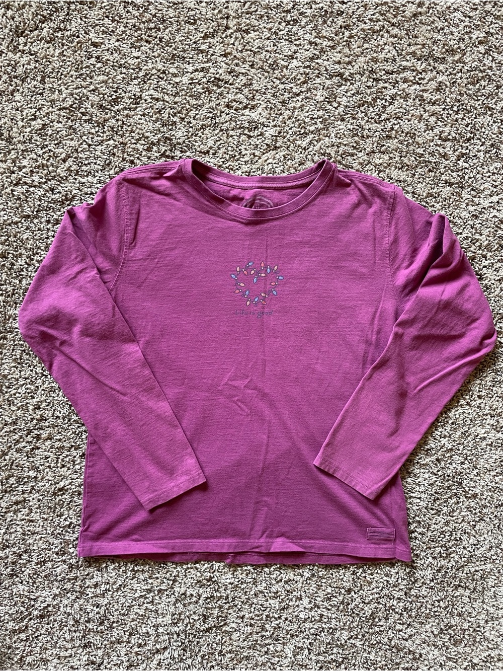 Life is Good Long Sleeve Tee T-shirt Medium Purple Holiday Lights EUC